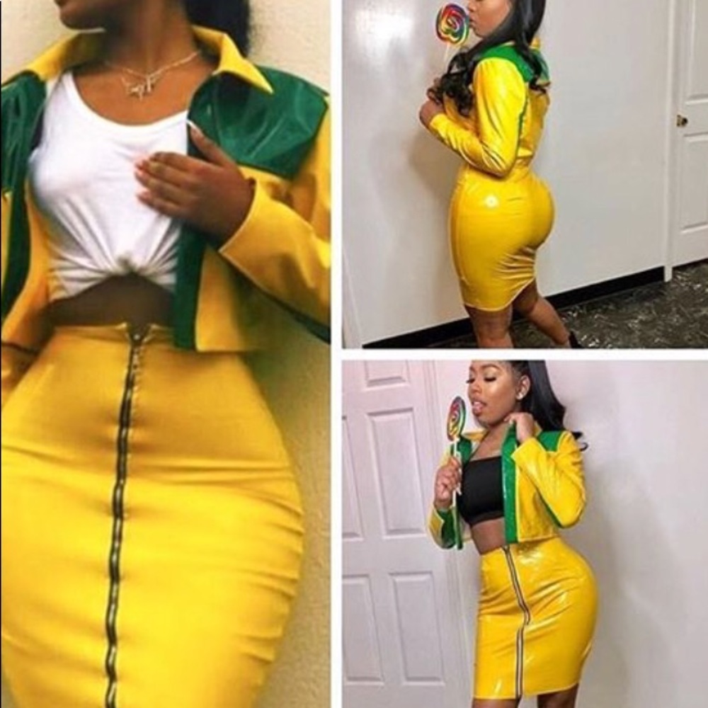 MONEY BAG 2 PIECE SKIRT AND CROP TOP JACKET latex